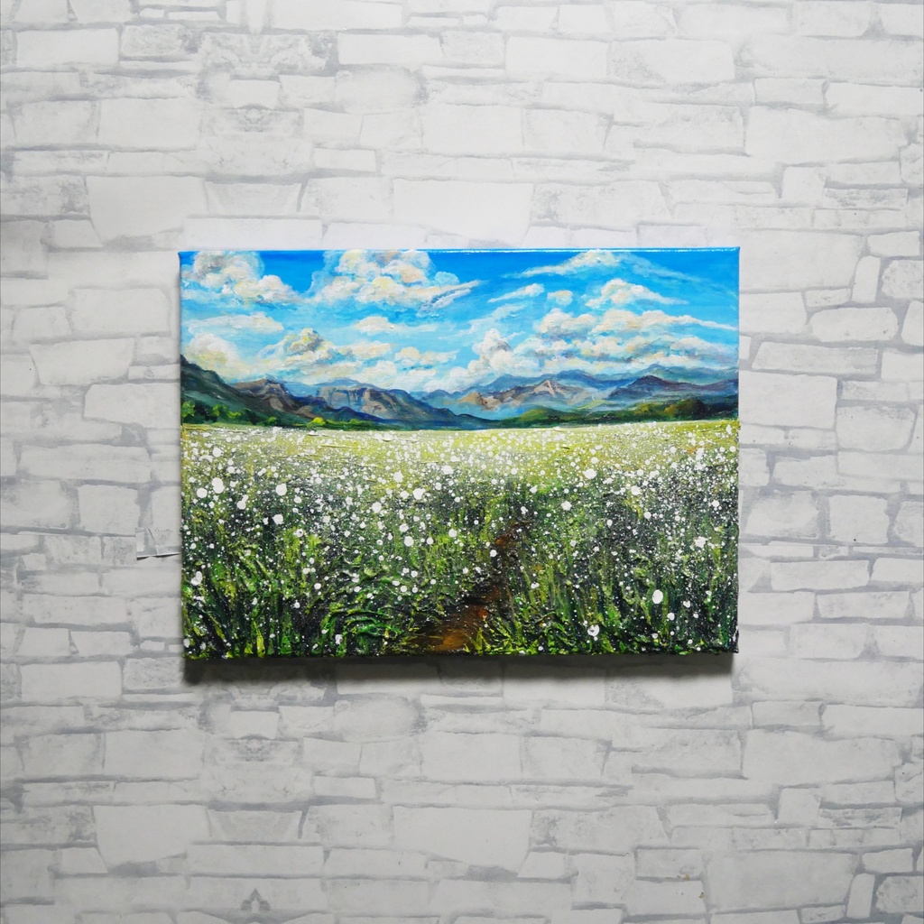 風がそよぐ白いじゅうたん * 油絵風景画 F4サイズ原画 / さわやかな風と白い花の一点物アート(春夏インテリア)