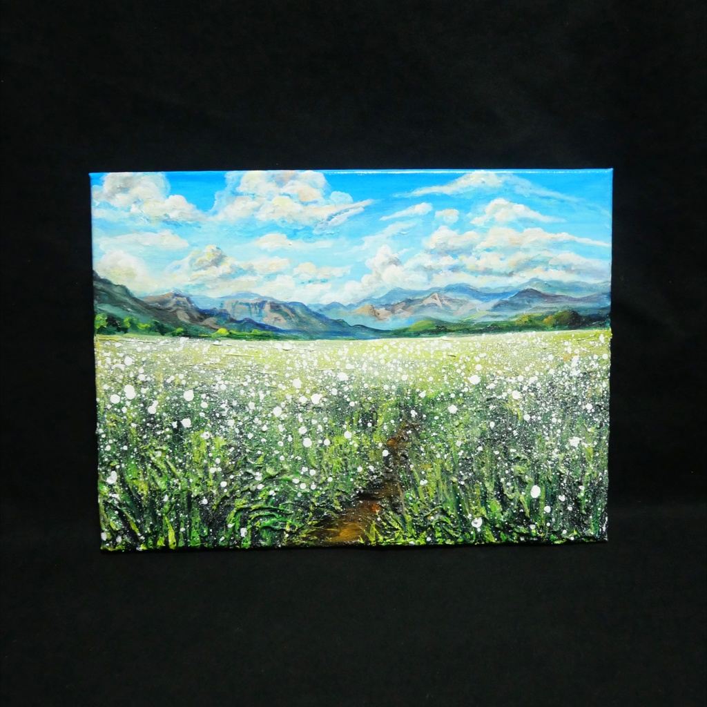 風がそよぐ白いじゅうたん * 油絵風景画 F4サイズ原画 / さわやかな風と白い花の一点物アート(春夏インテリア)