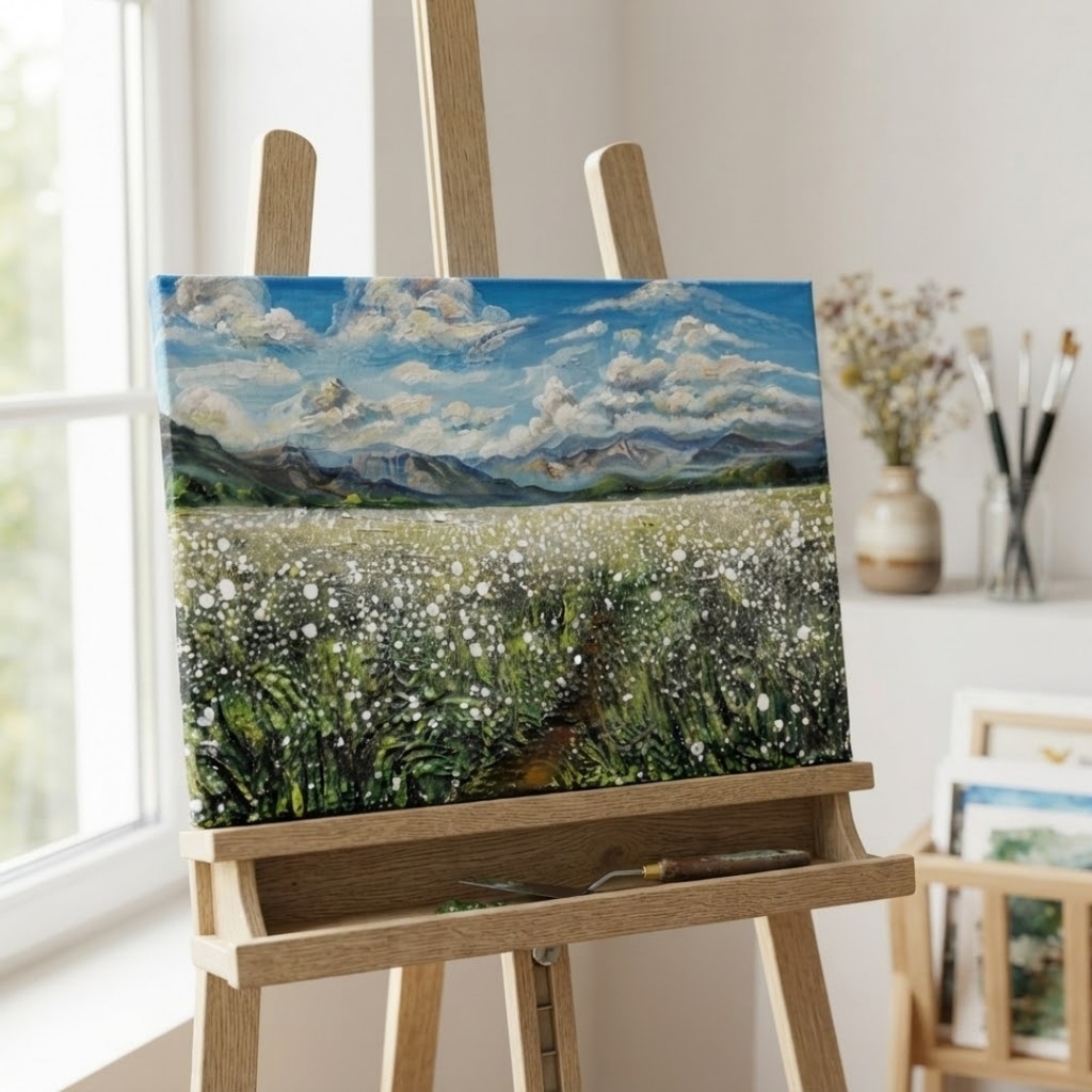 風がそよぐ白いじゅうたん * 油絵風景画 F4サイズ原画 / さわやかな風と白い花の一点物アート(春夏インテリア)