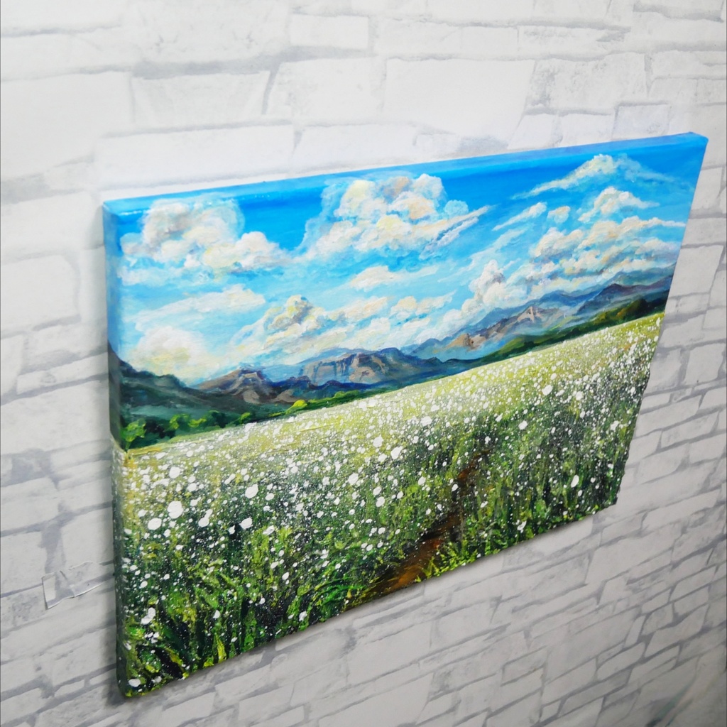 風がそよぐ白いじゅうたん * 油絵風景画 F4サイズ原画 / さわやかな風と白い花の一点物アート(春夏インテリア)