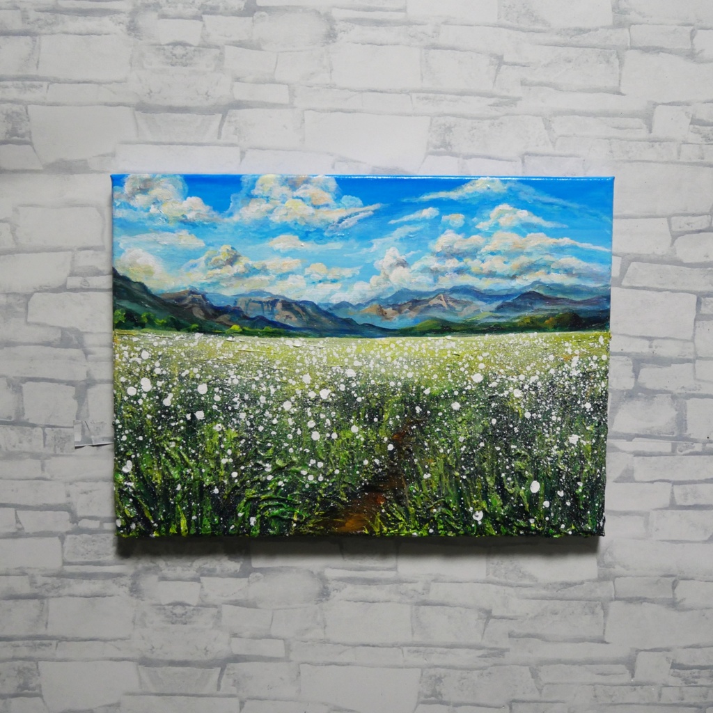 風がそよぐ白いじゅうたん * 油絵風景画 F4サイズ原画 / さわやかな風と白い花の一点物アート(春夏インテリア)