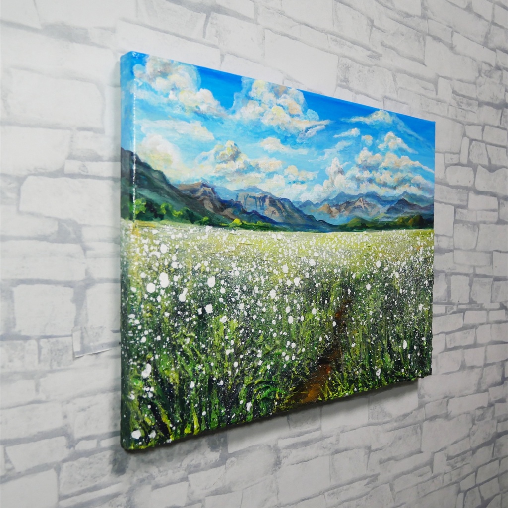 風がそよぐ白いじゅうたん * 油絵風景画 F4サイズ原画 / さわやかな風と白い花の一点物アート(春夏インテリア)