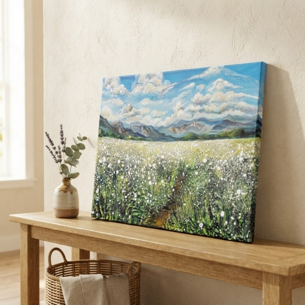 風がそよぐ白いじゅうたん * 油絵風景画 F4サイズ原画 / さわやかな風と白い花の一点物アート(春夏インテリア)
