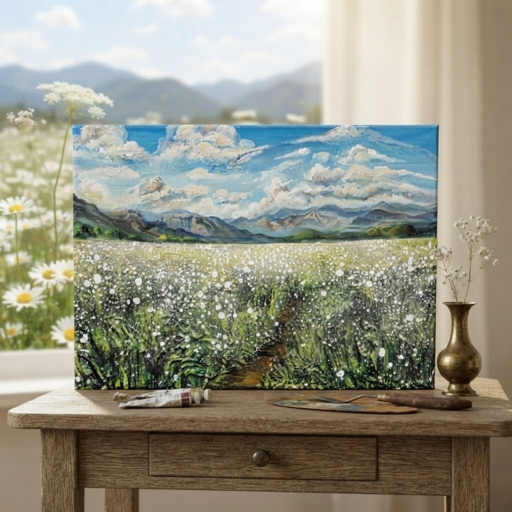 風がそよぐ白いじゅうたん * 油絵風景画 F4サイズ原画 / さわやかな風と白い花の一点物アート(春夏インテリア)