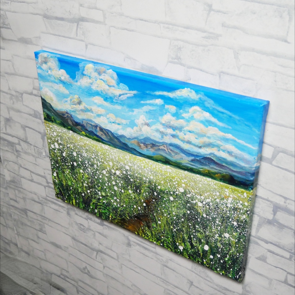 風がそよぐ白いじゅうたん * 油絵風景画 F4サイズ原画 / さわやかな風と白い花の一点物アート(春夏インテリア)