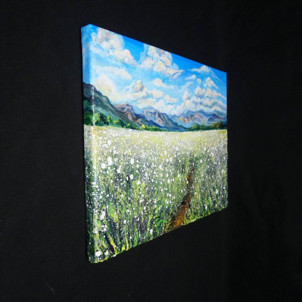 風がそよぐ白いじゅうたん * 油絵風景画 F4サイズ原画 / さわやかな風と白い花の一点物アート(春夏インテリア)