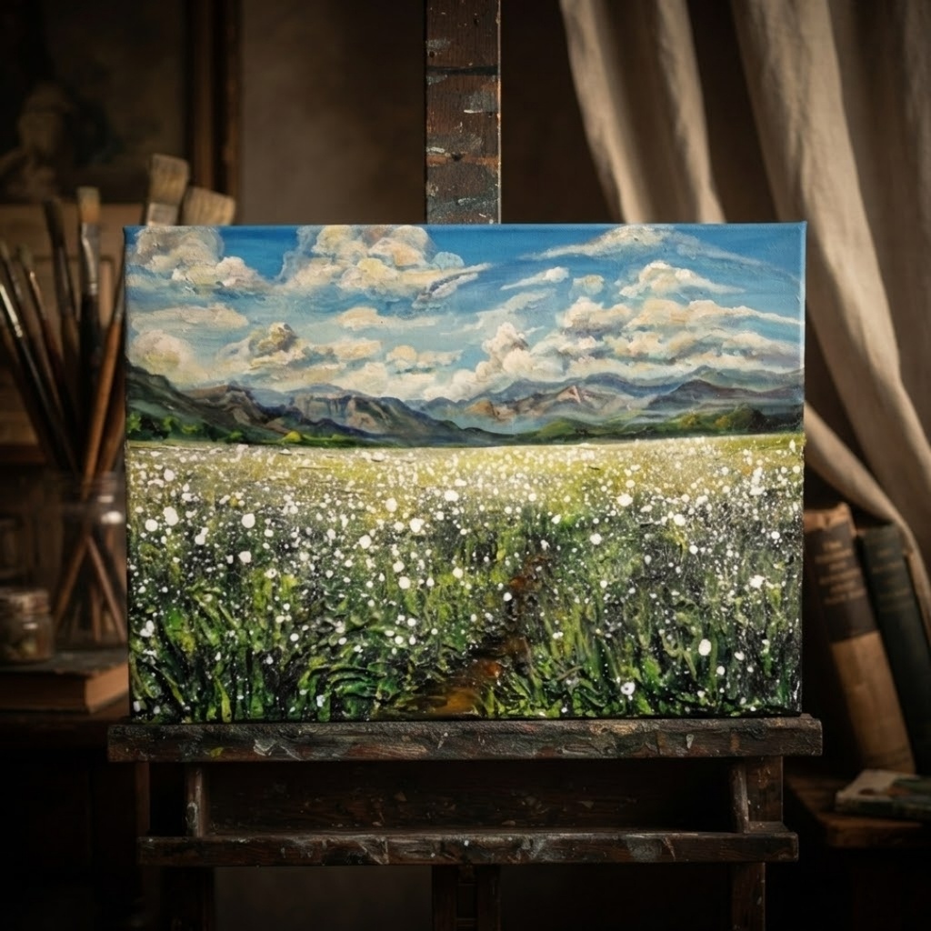 風がそよぐ白いじゅうたん * 油絵風景画 F4サイズ原画 / さわやかな風と白い花の一点物アート(春夏インテリア)