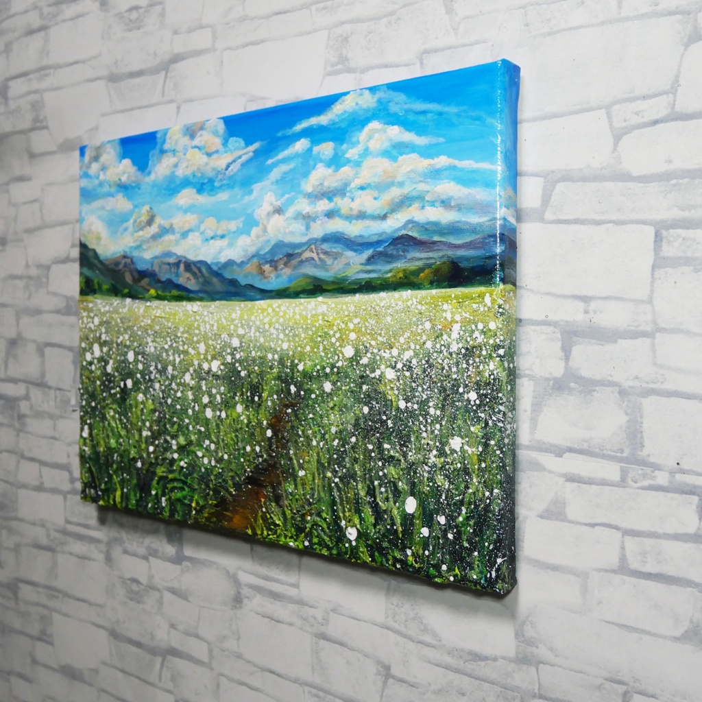 風がそよぐ白いじゅうたん * 油絵風景画 F4サイズ原画 / さわやかな風と白い花の一点物アート(春夏インテリア)