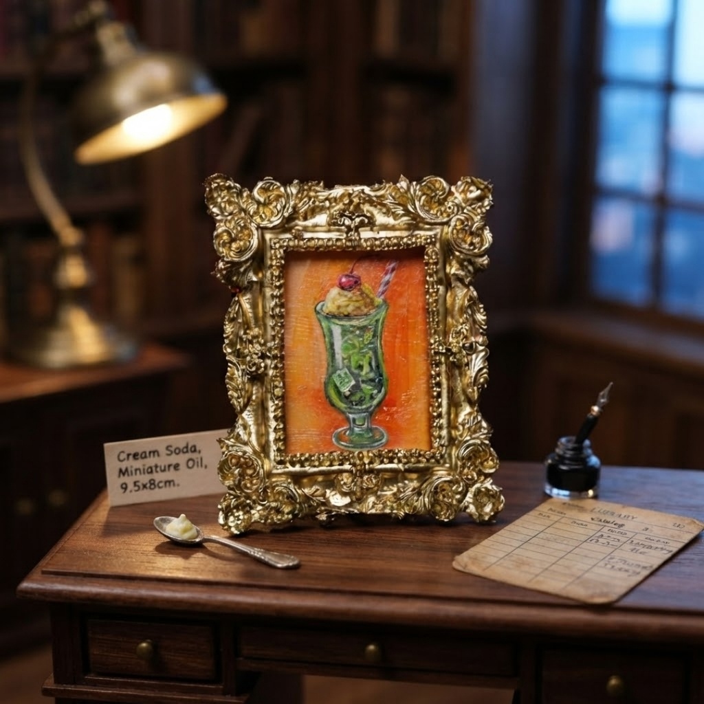 【油絵原画】小さな美術館の特製クリームソーダ(ミニ絵画/豪華額縁付き/夏のインテリア)