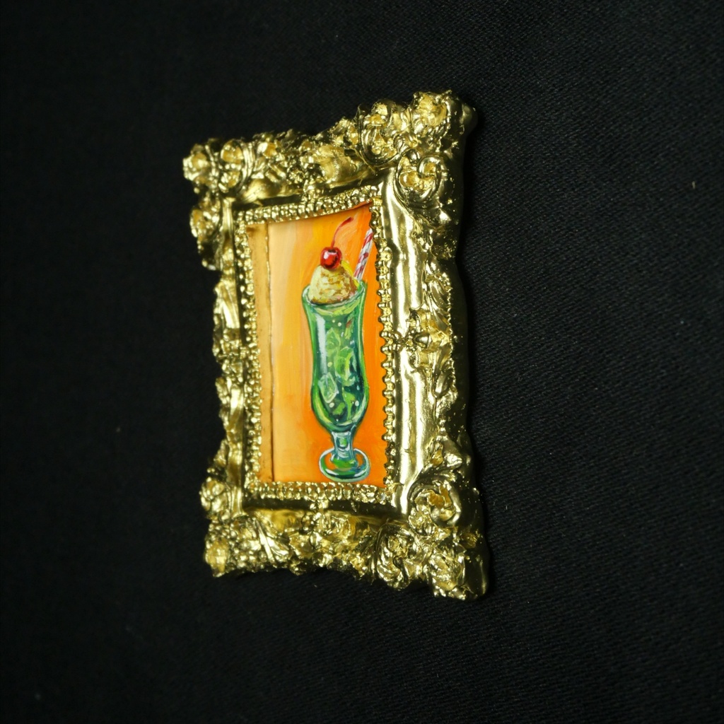 【油絵原画】小さな美術館の特製クリームソーダ(ミニ絵画/豪華額縁付き/夏のインテリア)