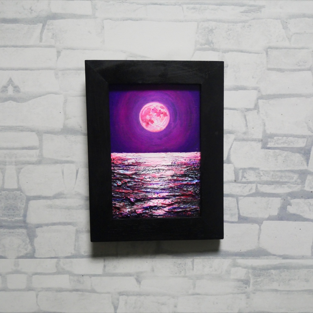 【願いが叶う海と桃色の月】油絵・原画ミニ絵画◇桃色の満月が照らす幻想の海辺【1点物インテリアアート】
