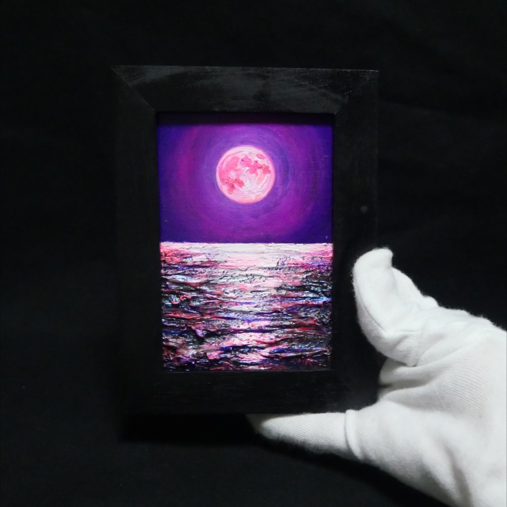 【願いが叶う海と桃色の月】油絵・原画ミニ絵画◇桃色の満月が照らす幻想の海辺【1点物インテリアアート】