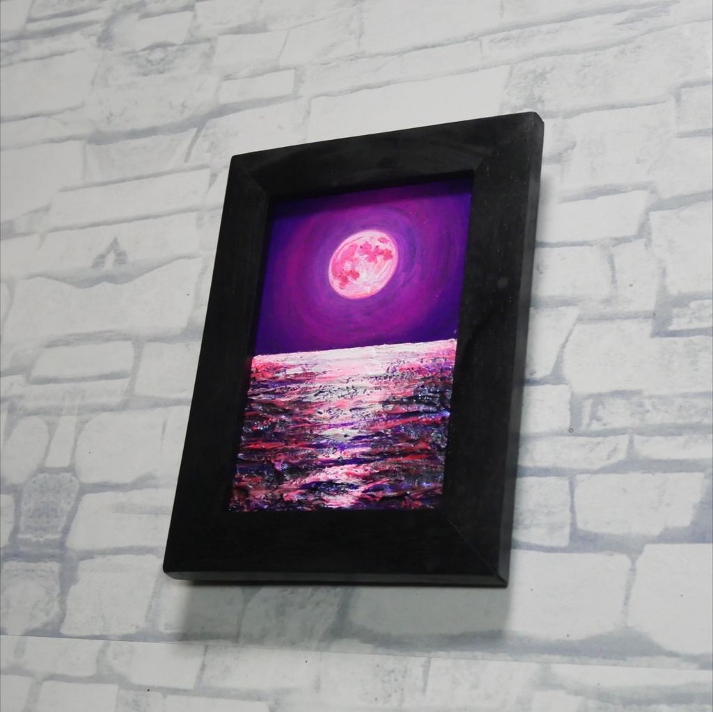 【願いが叶う海と桃色の月】油絵・原画ミニ絵画◇桃色の満月が照らす幻想の海辺【1点物インテリアアート】