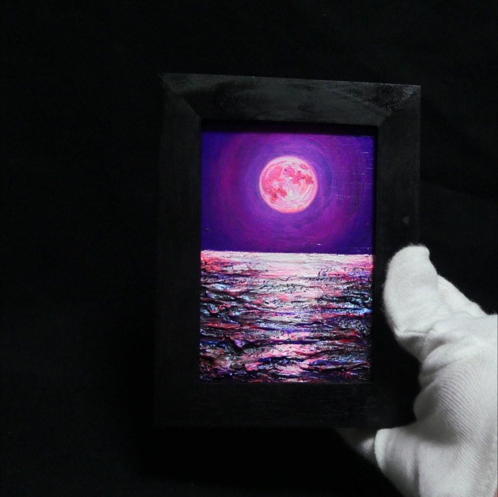 【願いが叶う海と桃色の月】油絵・原画ミニ絵画◇桃色の満月が照らす幻想の海辺【1点物インテリアアート】