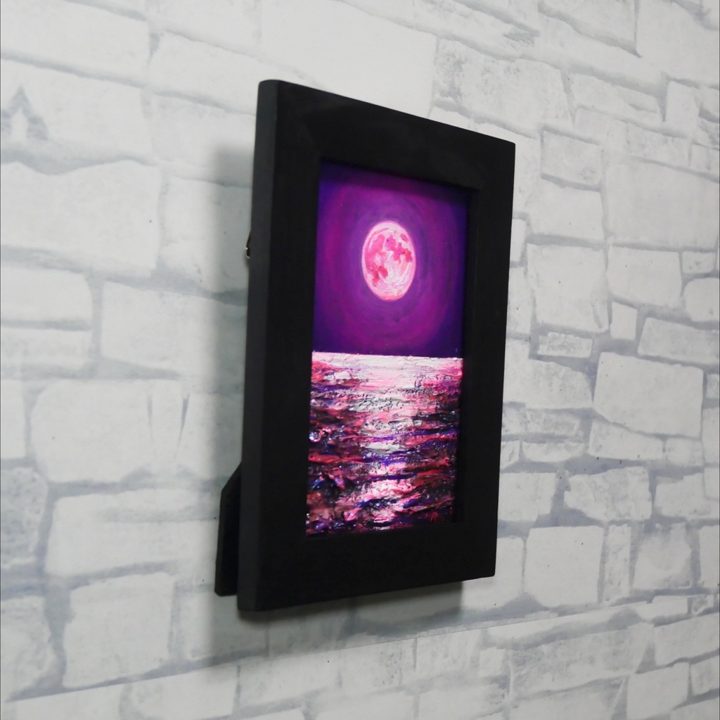 【願いが叶う海と桃色の月】油絵・原画ミニ絵画◇桃色の満月が照らす幻想の海辺【1点物インテリアアート】