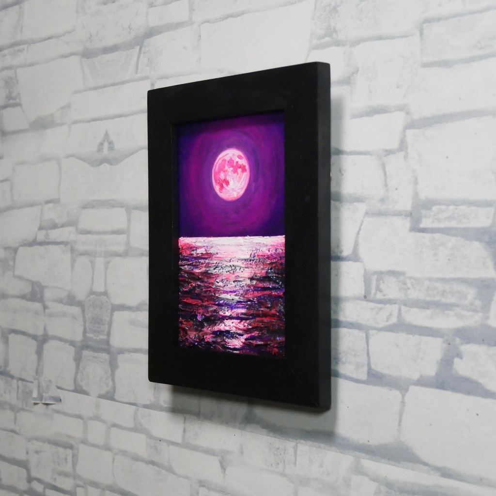【願いが叶う海と桃色の月】油絵・原画ミニ絵画◇桃色の満月が照らす幻想の海辺【1点物インテリアアート】