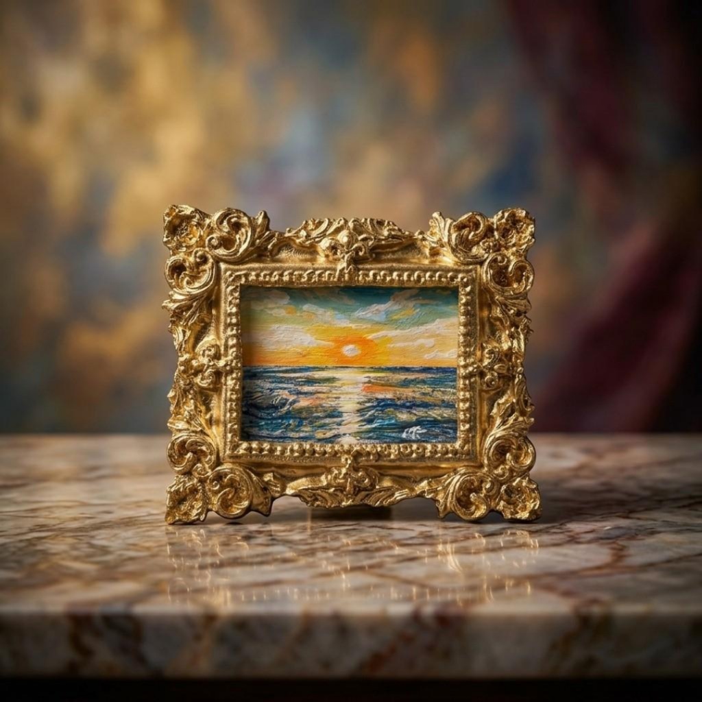 ミニ油絵原画『黎明のポリフォニー』豪華金縁ミニチュア額装アート