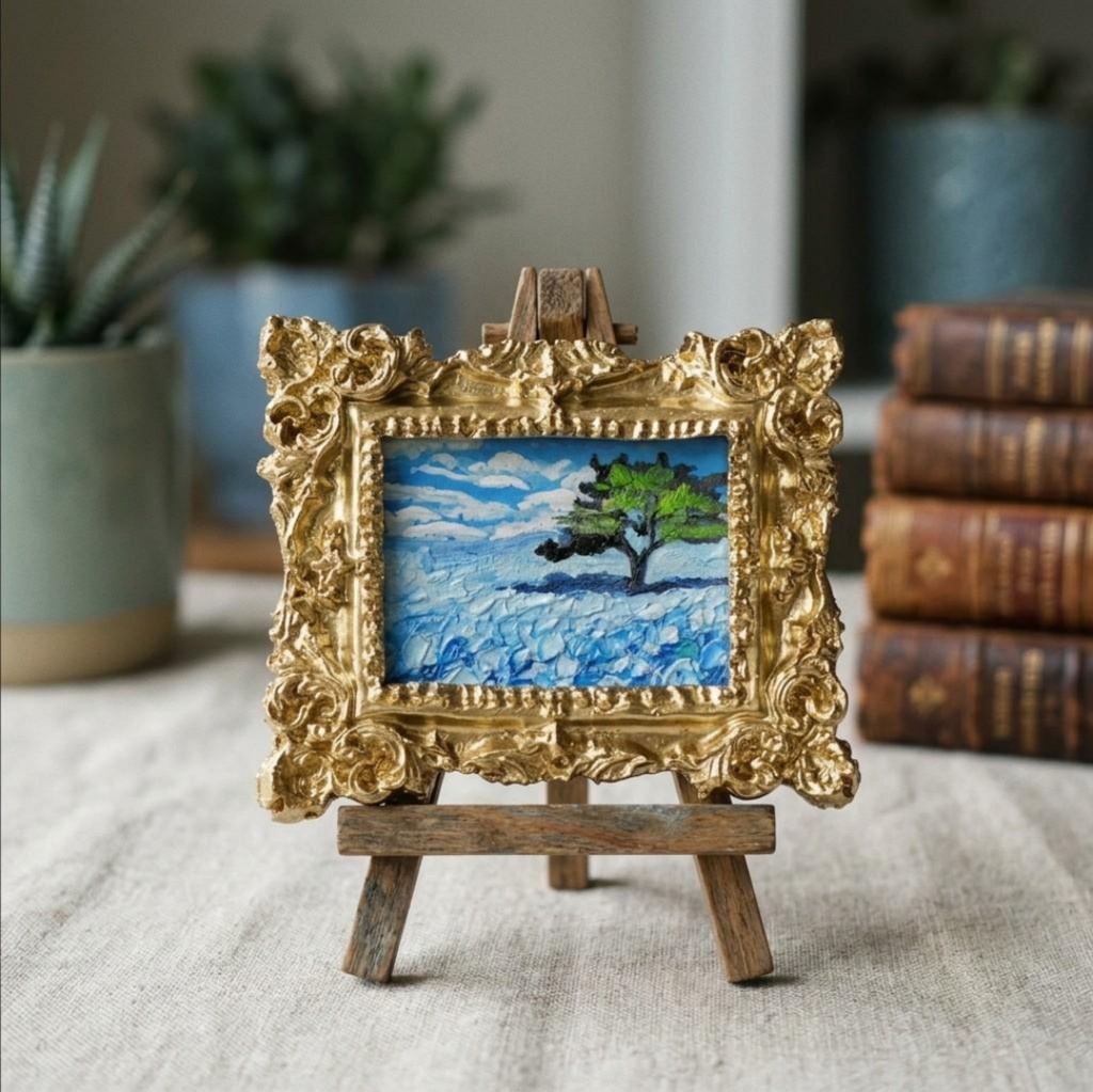 【油絵原画】ネモフィラの丘に吹く風(ミニ絵画・額縁付き・アナログアート)