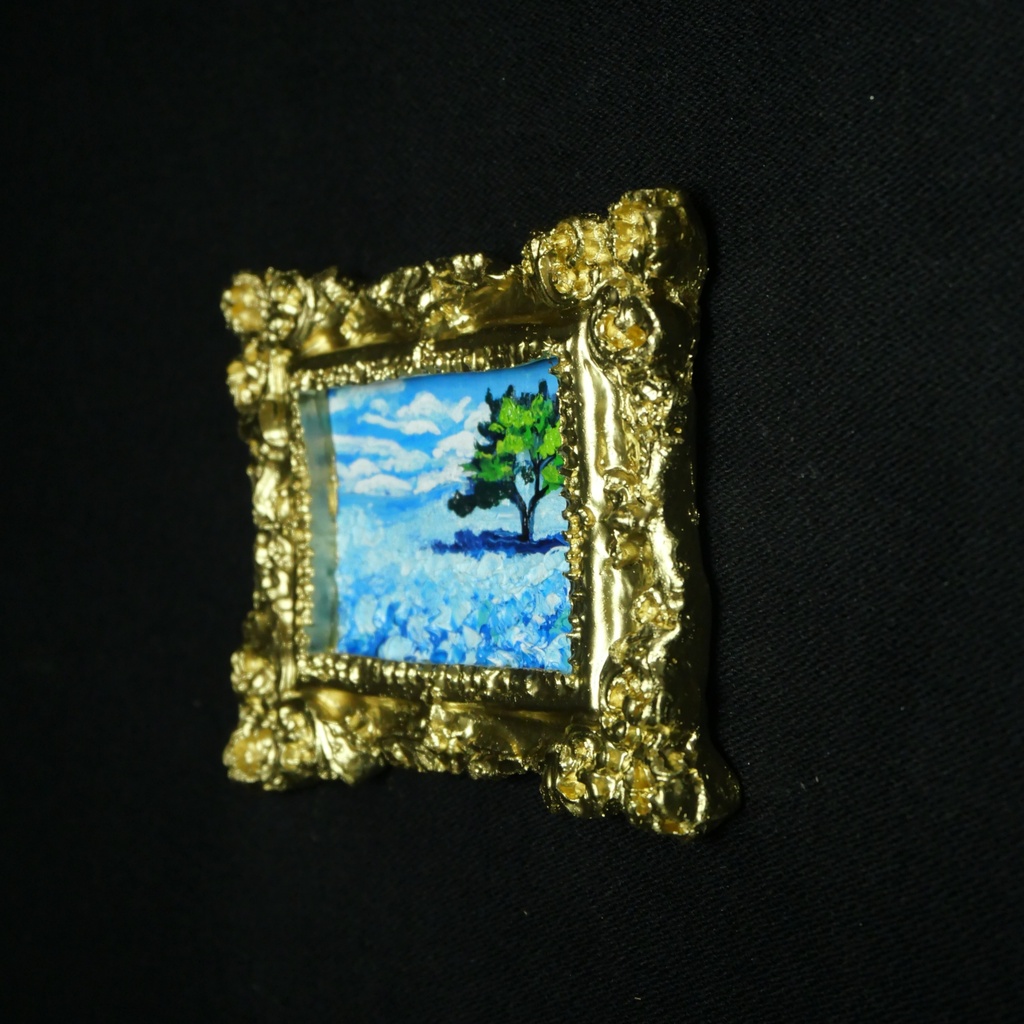 【油絵原画】ネモフィラの丘に吹く風(ミニ絵画・額縁付き・アナログアート)