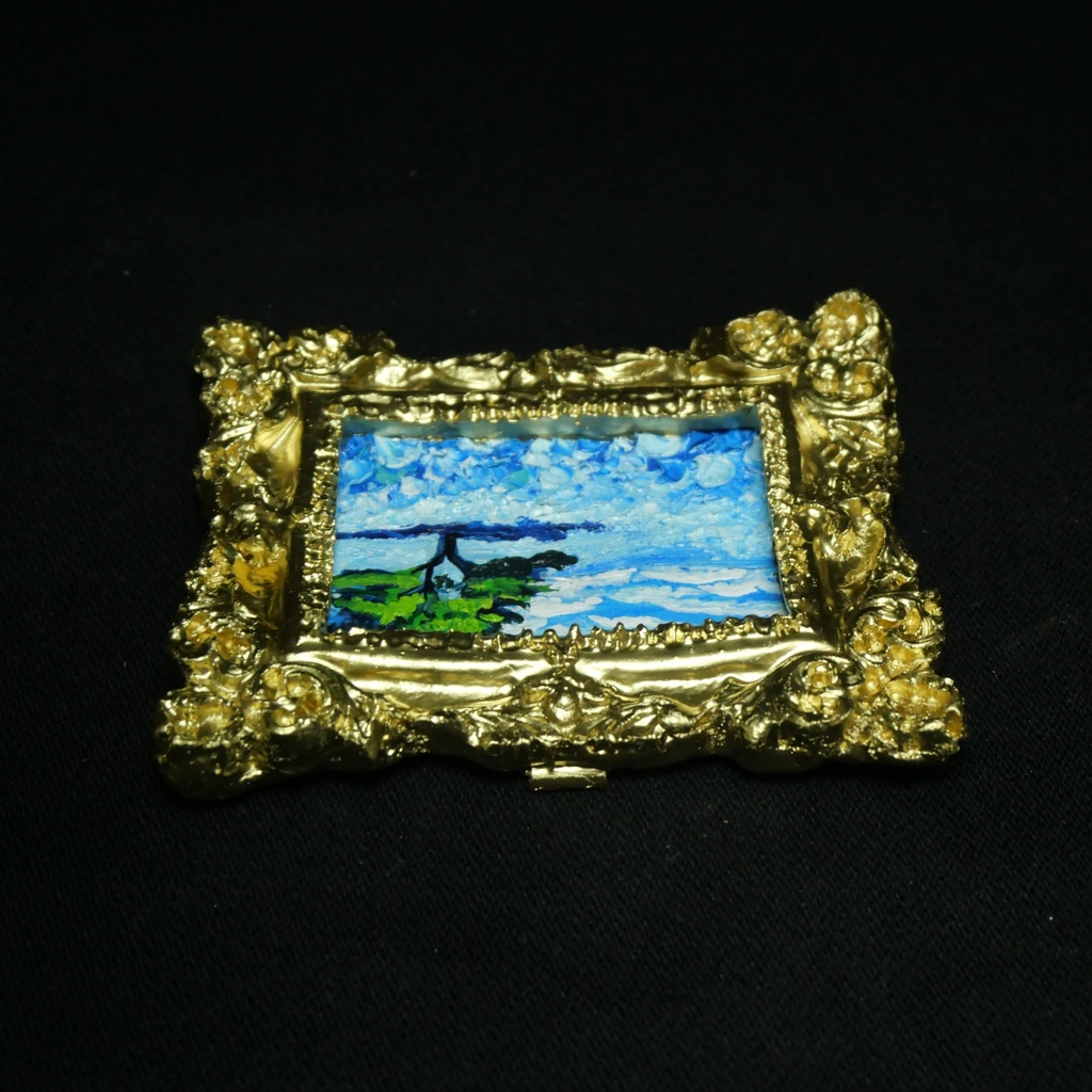 【油絵原画】ネモフィラの丘に吹く風(ミニ絵画・額縁付き・アナログアート)