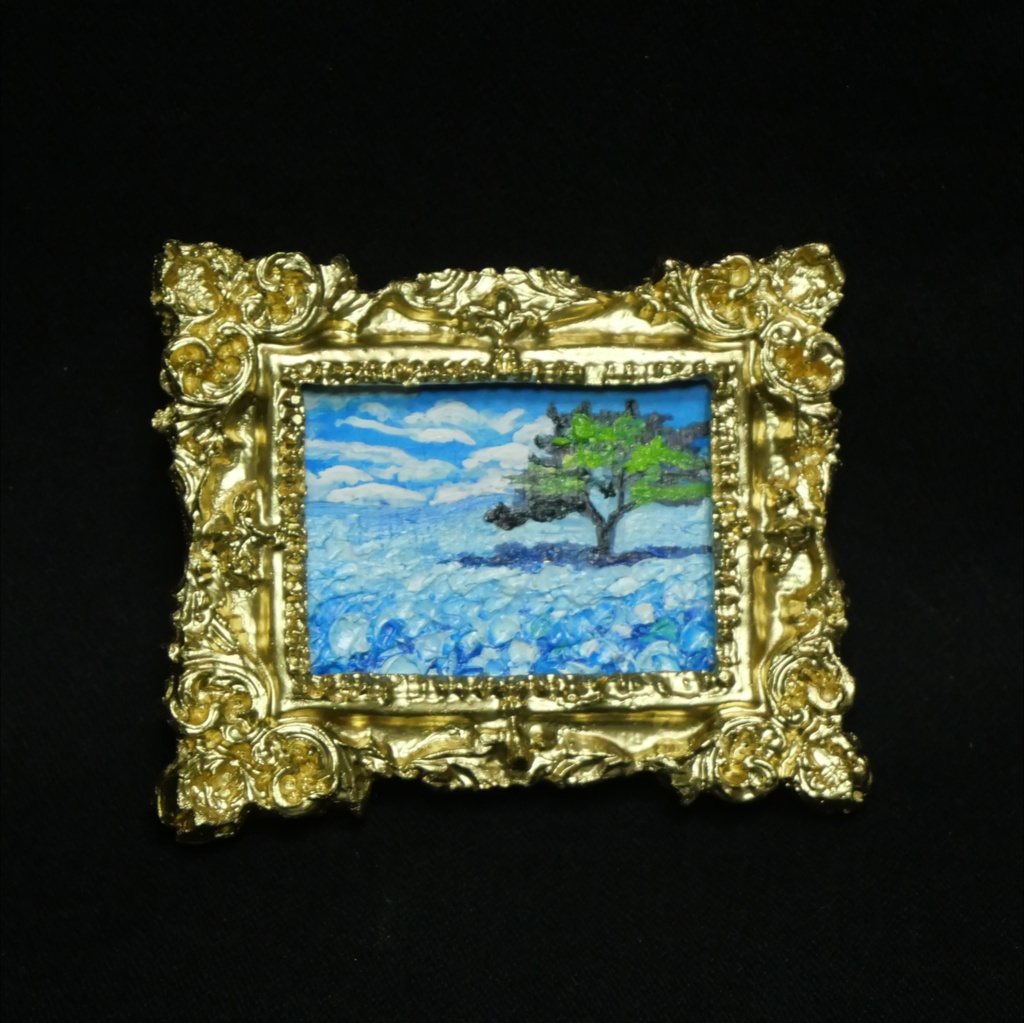 【油絵原画】ネモフィラの丘に吹く風(ミニ絵画・額縁付き・アナログアート)