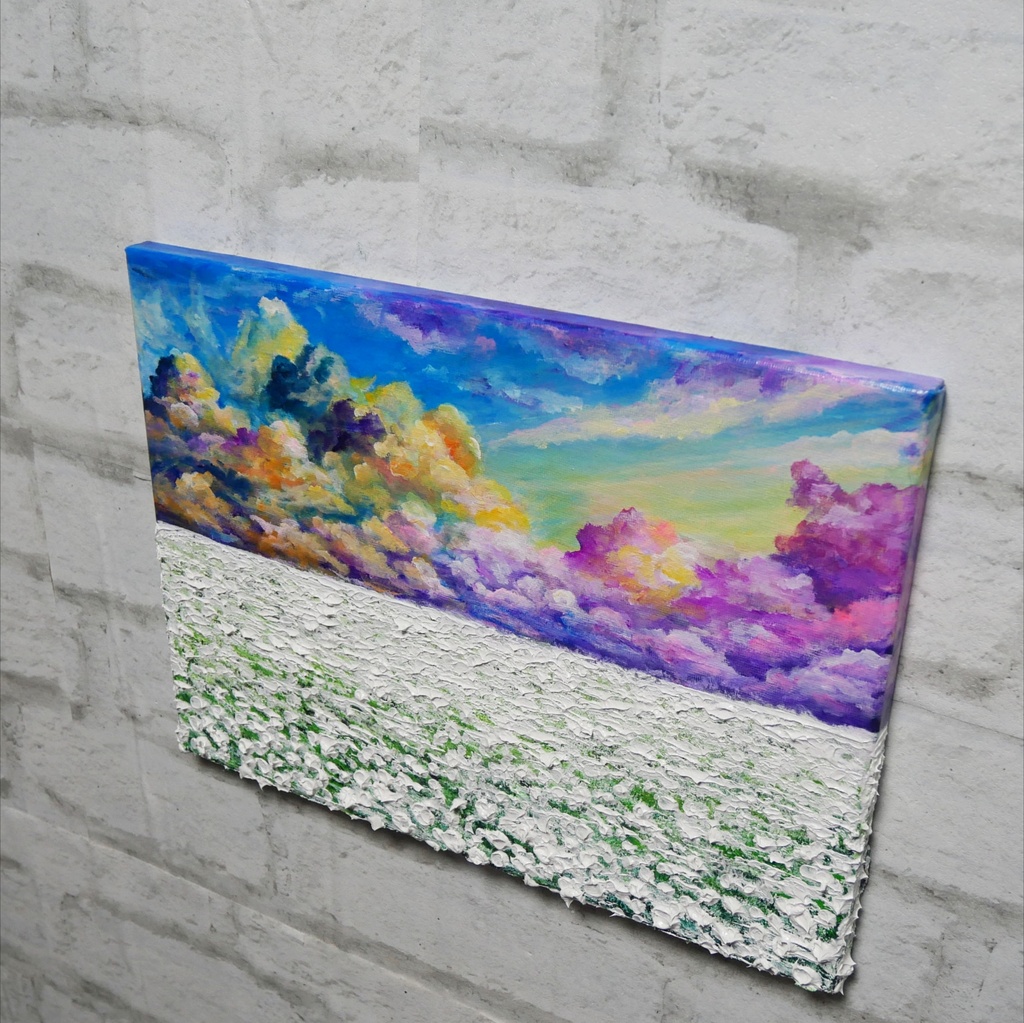 【一点限り】油彩画 F4号『朝焼けと白花の草原』肉筆風景画/送料無料/即購入OK