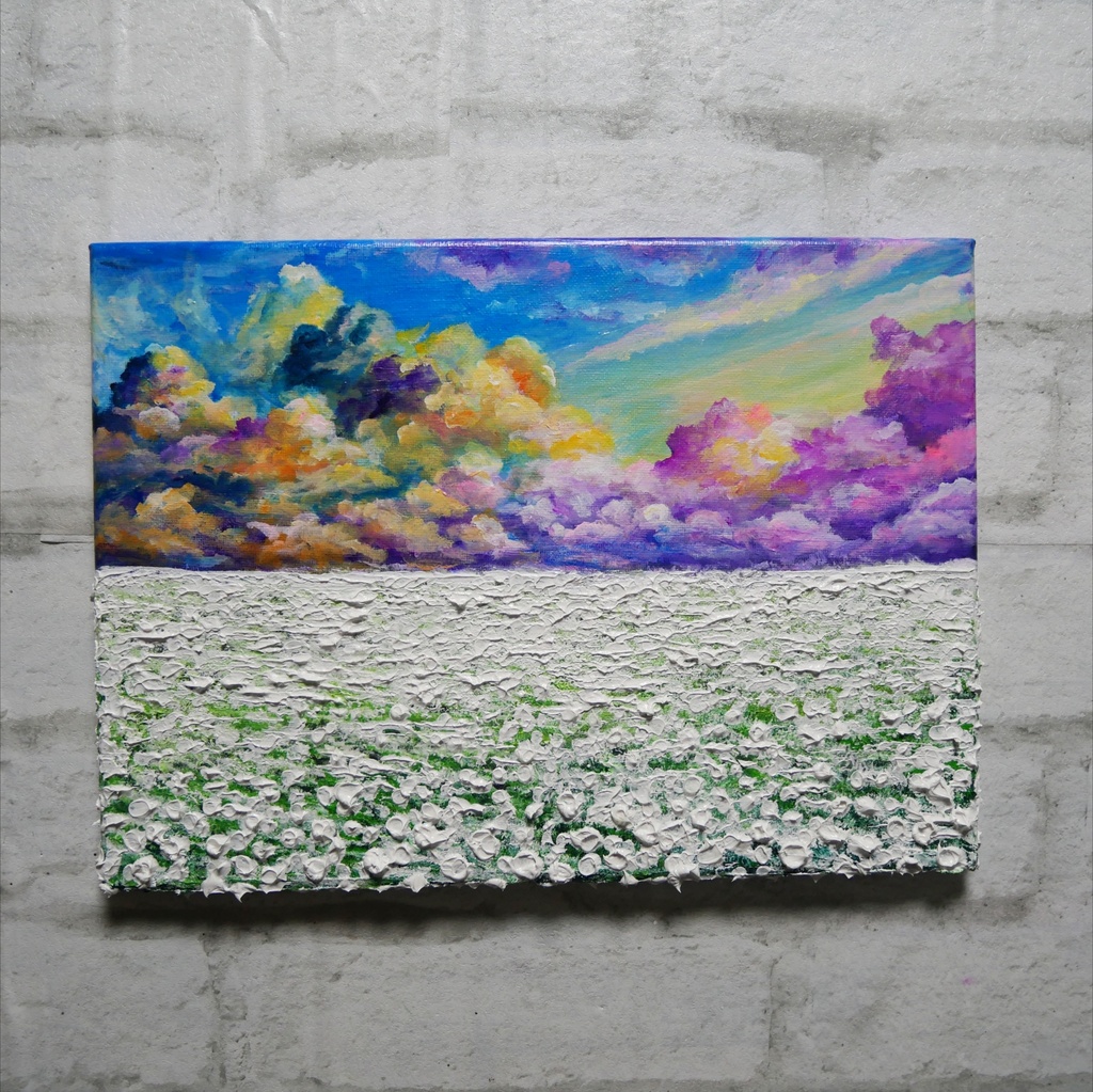 【一点限り】油彩画 F4号『朝焼けと白花の草原』肉筆風景画/送料無料/即購入OK