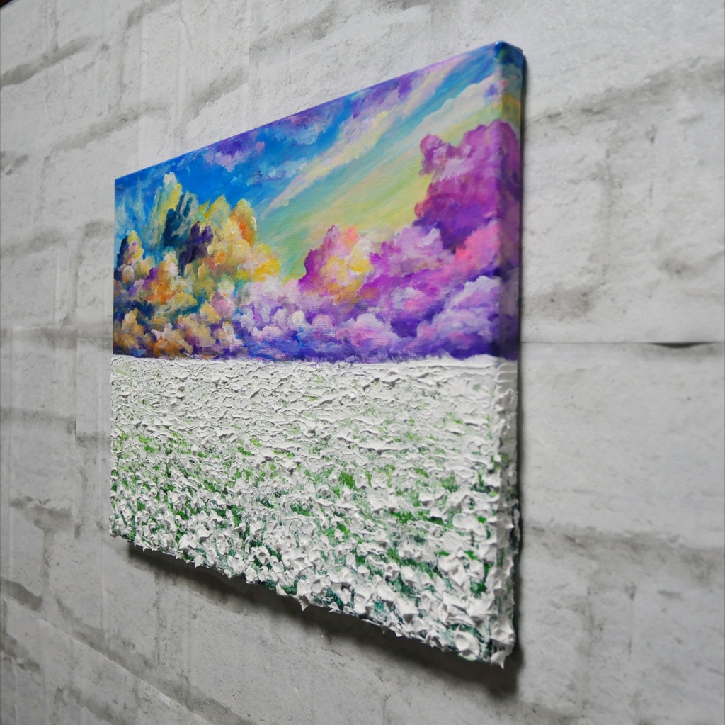 【一点限り】油彩画 F4号『朝焼けと白花の草原』肉筆風景画/送料無料/即購入OK