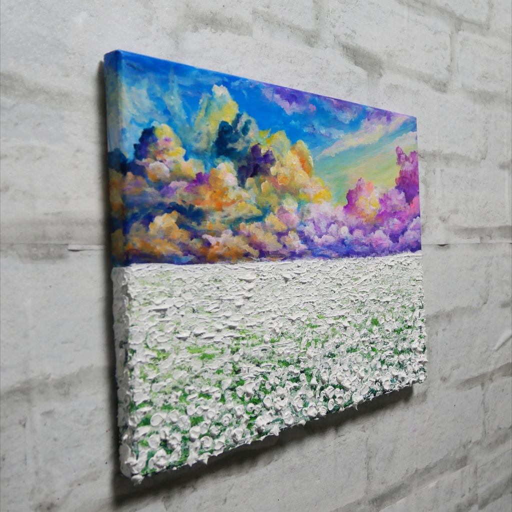 【一点限り】油彩画 F4号『朝焼けと白花の草原』肉筆風景画/送料無料/即購入OK