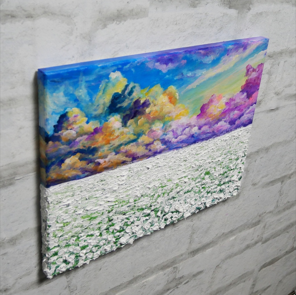 【一点限り】油彩画 F4号『朝焼けと白花の草原』肉筆風景画/送料無料/即購入OK