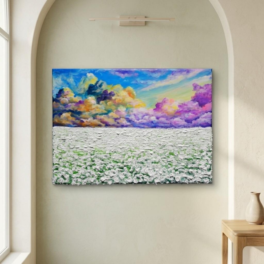 【一点限り】油彩画 F4号『朝焼けと白花の草原』肉筆風景画/送料無料/即購入OK