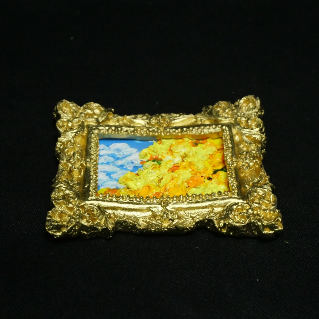 【小さな美術館の特等席】ミモザのミニ額縁油絵風*春を彩る金縁ミニチュア絵画