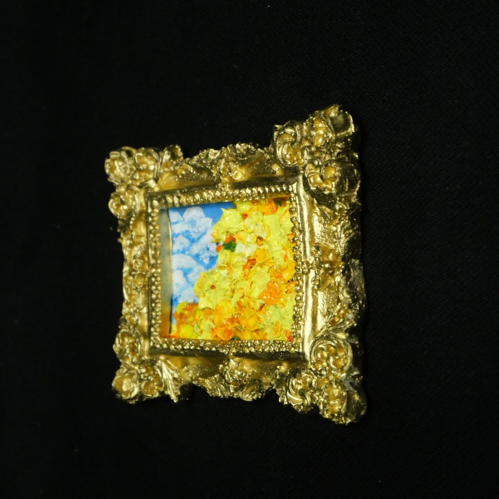 【小さな美術館の特等席】ミモザのミニ額縁油絵風*春を彩る金縁ミニチュア絵画