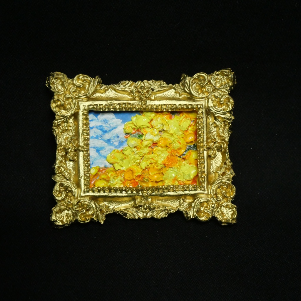 【小さな美術館の特等席】ミモザのミニ額縁油絵風*春を彩る金縁ミニチュア絵画