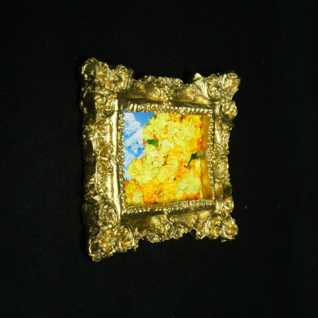 【小さな美術館の特等席】ミモザのミニ額縁油絵風*春を彩る金縁ミニチュア絵画