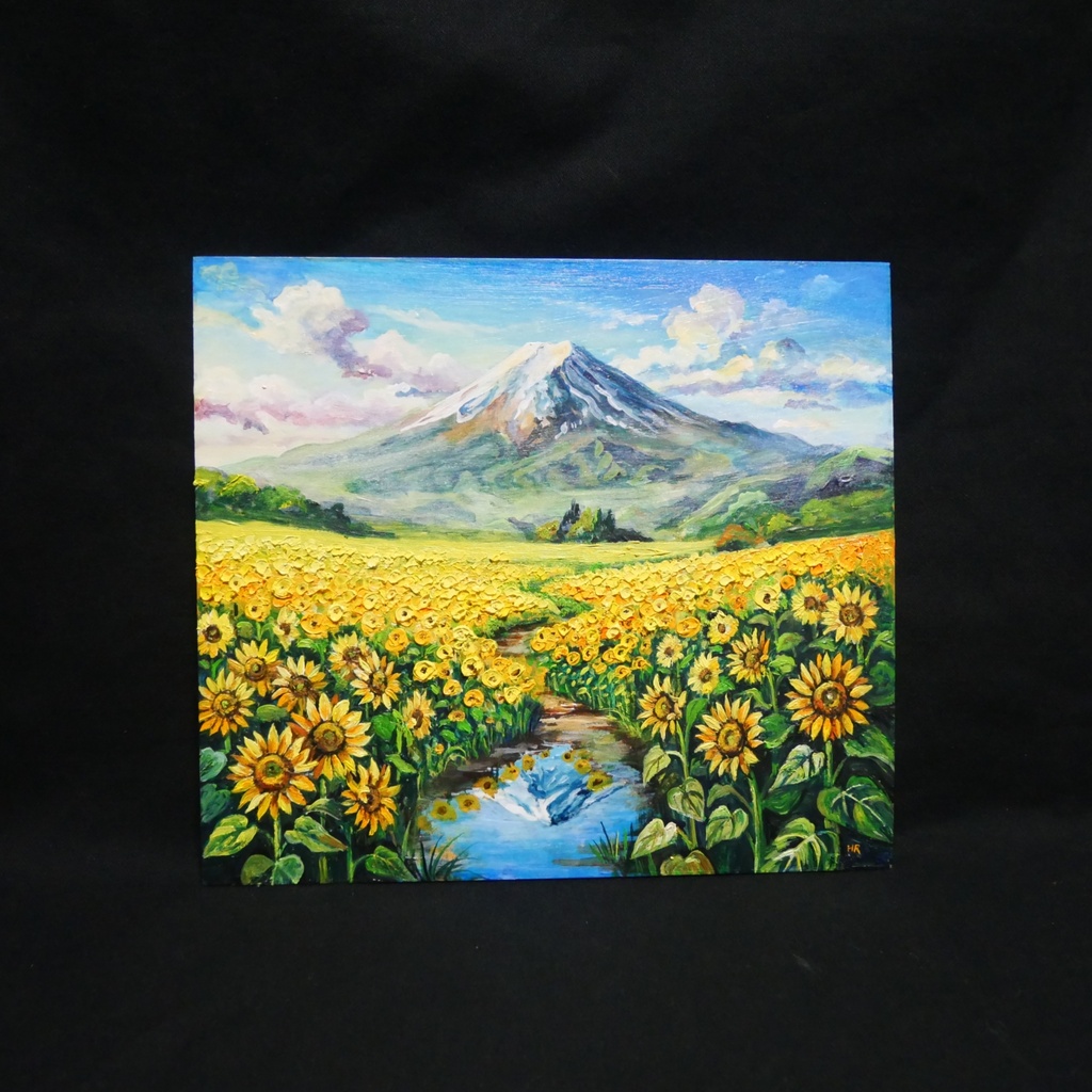 【油絵原画/額縁付】向日葵の咲く聖峰の麓(ひまわり・富士山・夏の風景・色紙サイズ絵画)
