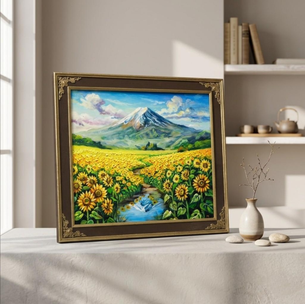 【油絵原画/額縁付】向日葵の咲く聖峰の麓(ひまわり・富士山・夏の風景・色紙サイズ絵画)