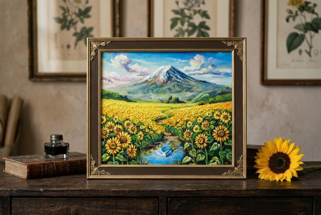 【油絵原画/額縁付】向日葵の咲く聖峰の麓（ひまわり・富士山・夏の風景・色紙サイズ絵画）