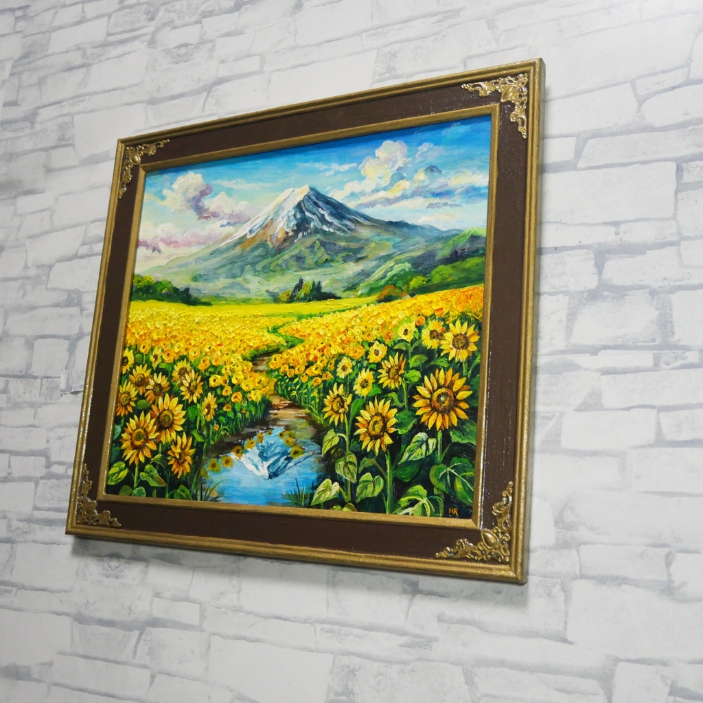 【油絵原画/額縁付】向日葵の咲く聖峰の麓(ひまわり・富士山・夏の風景・色紙サイズ絵画)