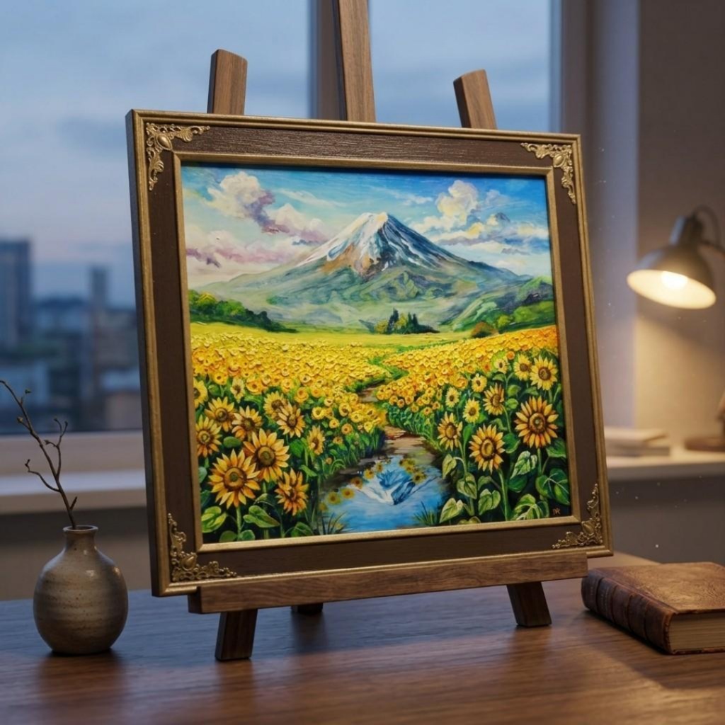 【油絵原画/額縁付】向日葵の咲く聖峰の麓(ひまわり・富士山・夏の風景・色紙サイズ絵画)