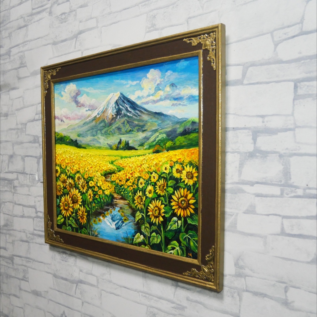 【油絵原画/額縁付】向日葵の咲く聖峰の麓(ひまわり・富士山・夏の風景・色紙サイズ絵画)