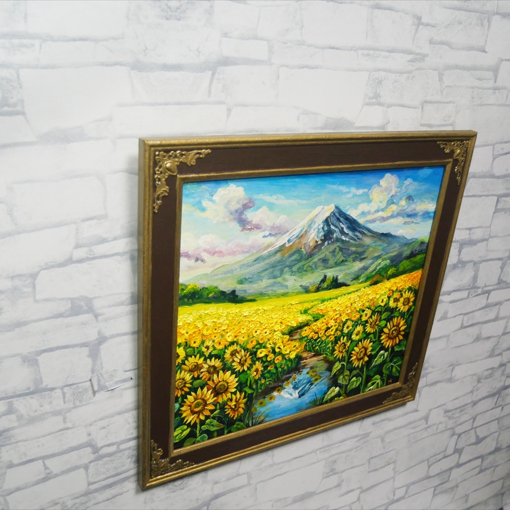 【油絵原画/額縁付】向日葵の咲く聖峰の麓(ひまわり・富士山・夏の風景・色紙サイズ絵画)
