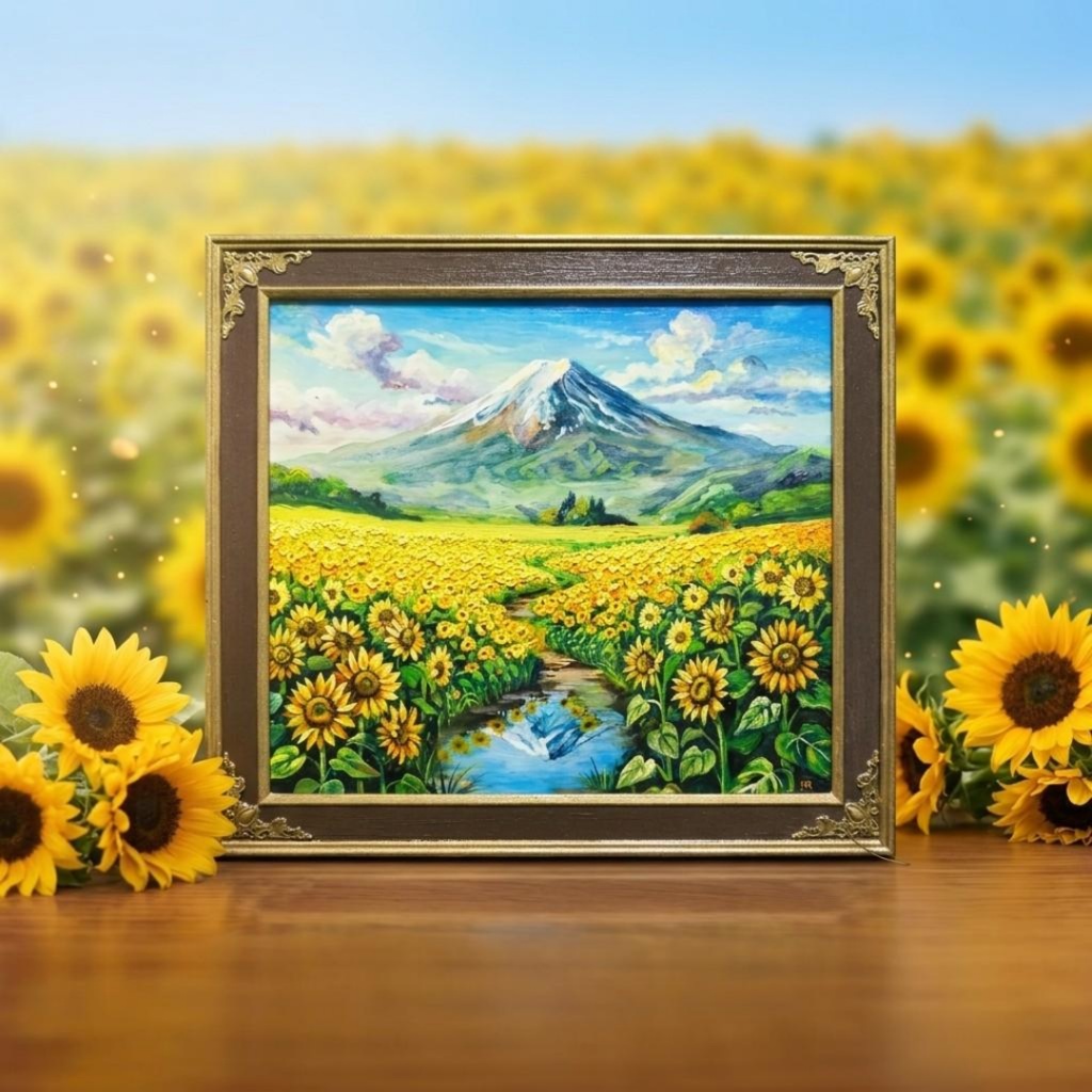 【油絵原画/額縁付】向日葵の咲く聖峰の麓(ひまわり・富士山・夏の風景・色紙サイズ絵画)