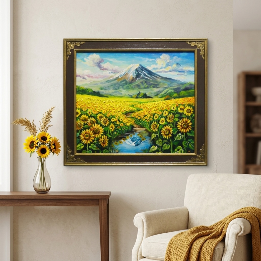 【油絵原画/額縁付】向日葵の咲く聖峰の麓(ひまわり・富士山・夏の風景・色紙サイズ絵画)