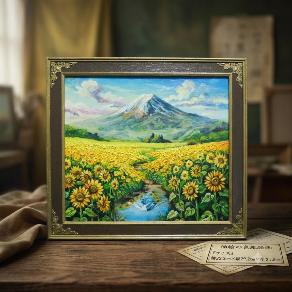 【油絵原画/額縁付】向日葵の咲く聖峰の麓(ひまわり・富士山・夏の風景・色紙サイズ絵画)