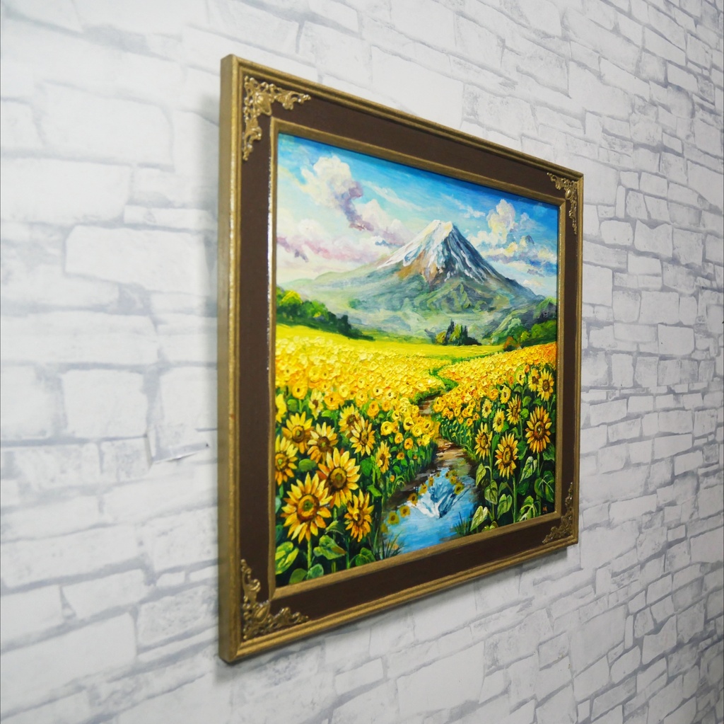 【油絵原画/額縁付】向日葵の咲く聖峰の麓(ひまわり・富士山・夏の風景・色紙サイズ絵画)