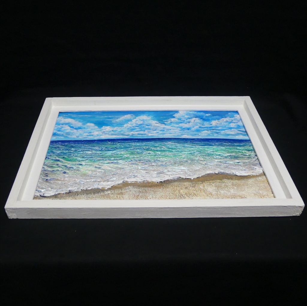 【油絵原画】夏の砂浜の海(額縁入り立体アート作品/一点物)