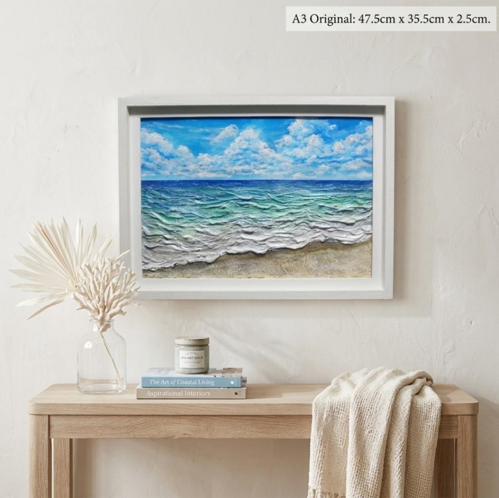【油絵原画】夏の砂浜の海(額縁入り立体アート作品/一点物)