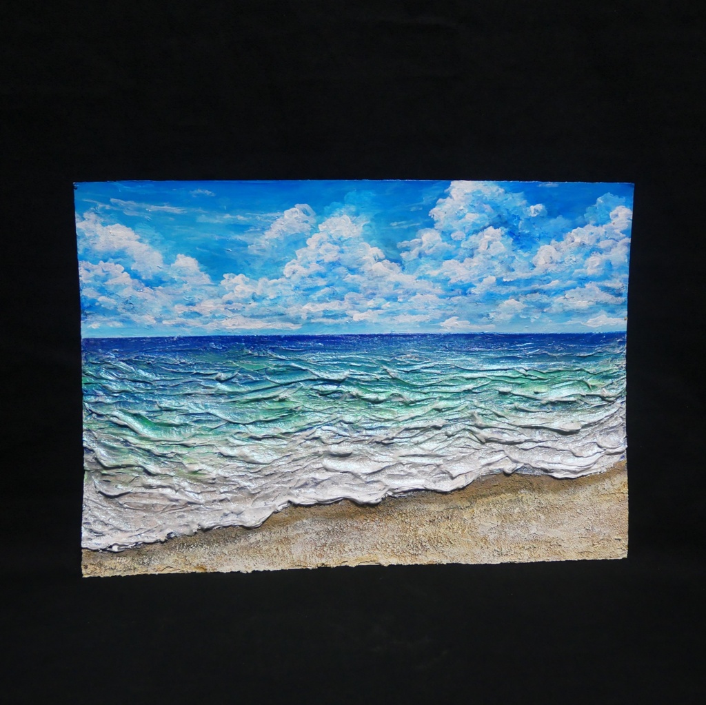 【油絵原画】夏の砂浜の海(額縁入り立体アート作品/一点物)