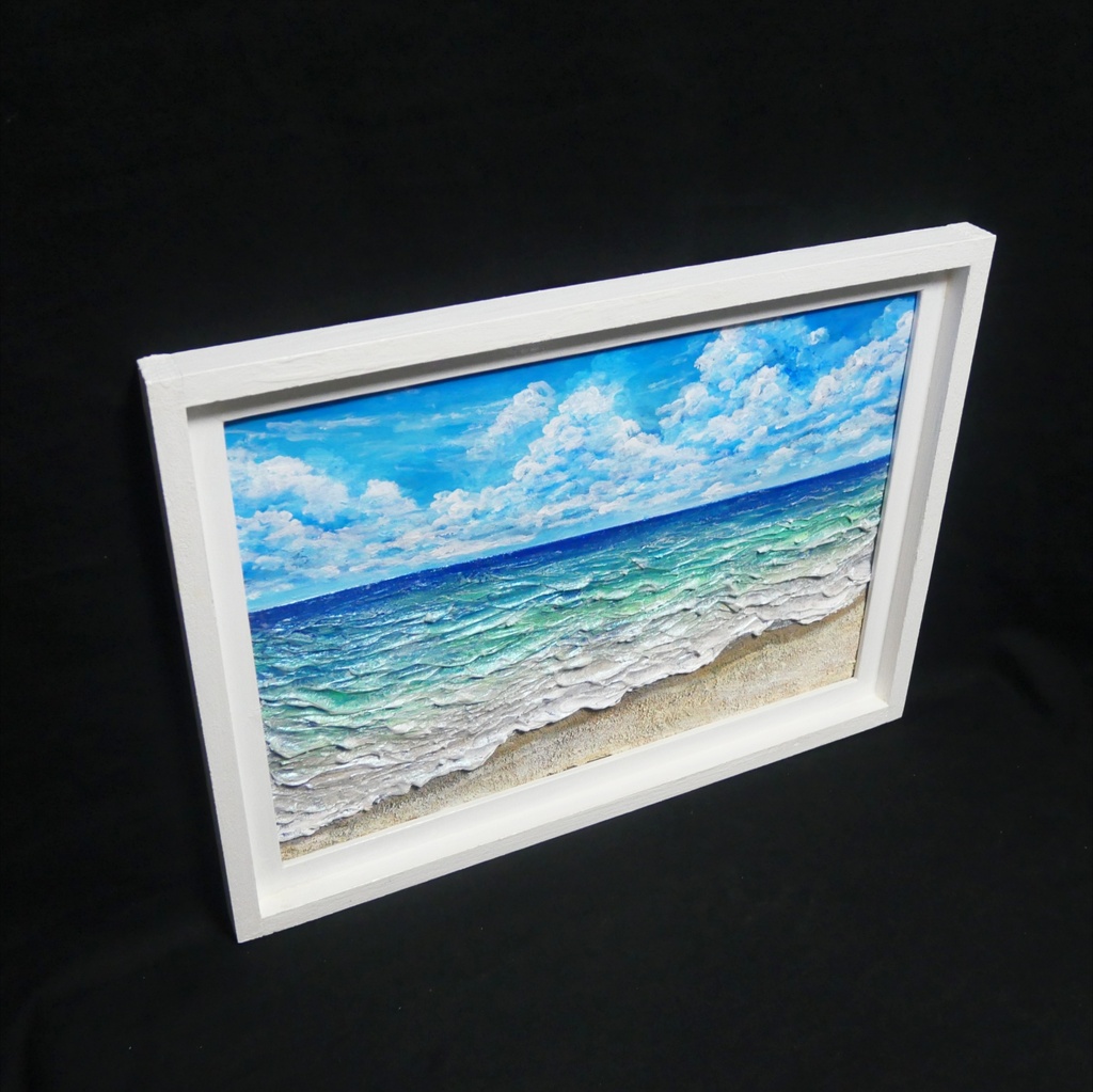 【油絵原画】夏の砂浜の海(額縁入り立体アート作品/一点物)